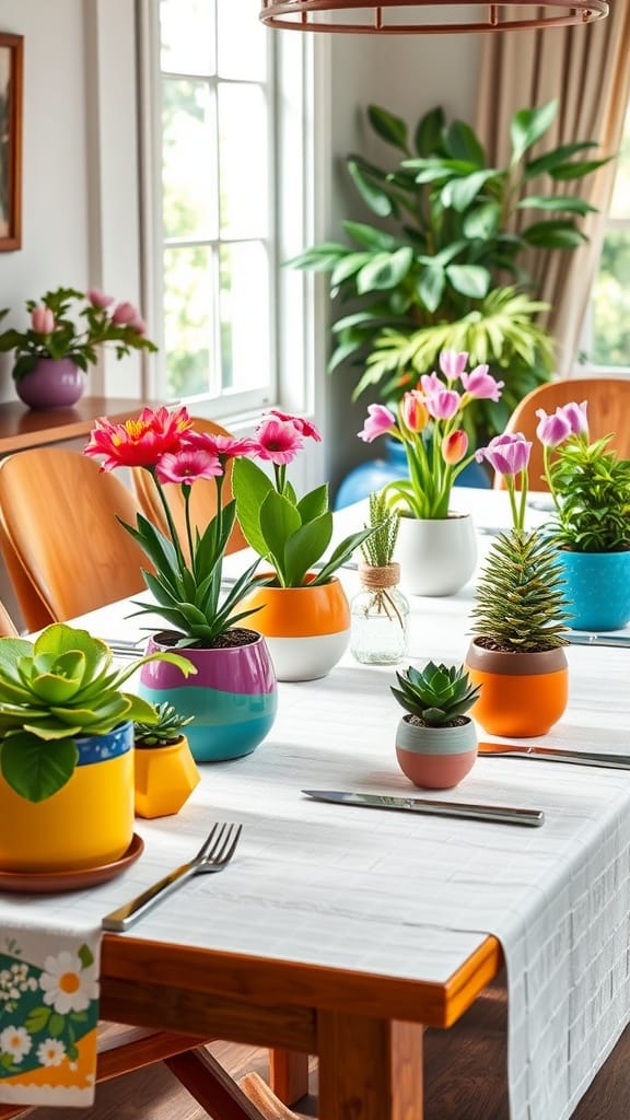 A beautifully decorated table with various potted plants, showcasing unique spring centerpiece ideas.