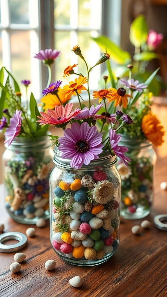 Colorful floral centerpiece in glass jars filled with stones.