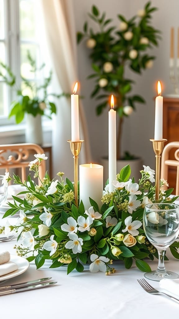 Spring centerpiece with candles and greenery