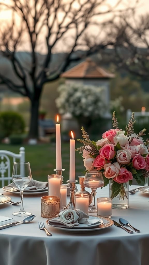 Table setting featuring soft pink and white florals with candles.