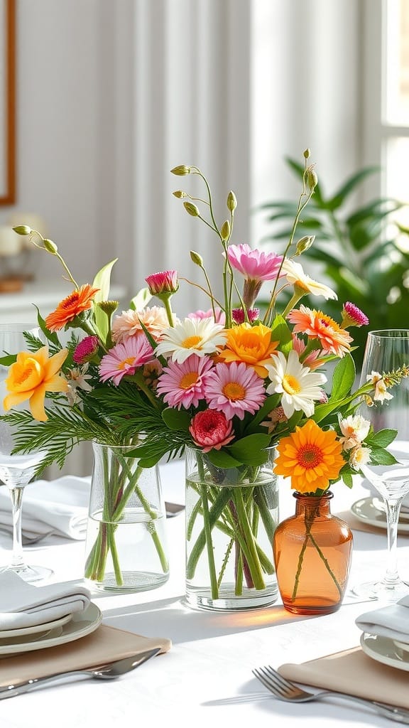 Colorful spring floral arrangement in unique glass vases on a dining table.