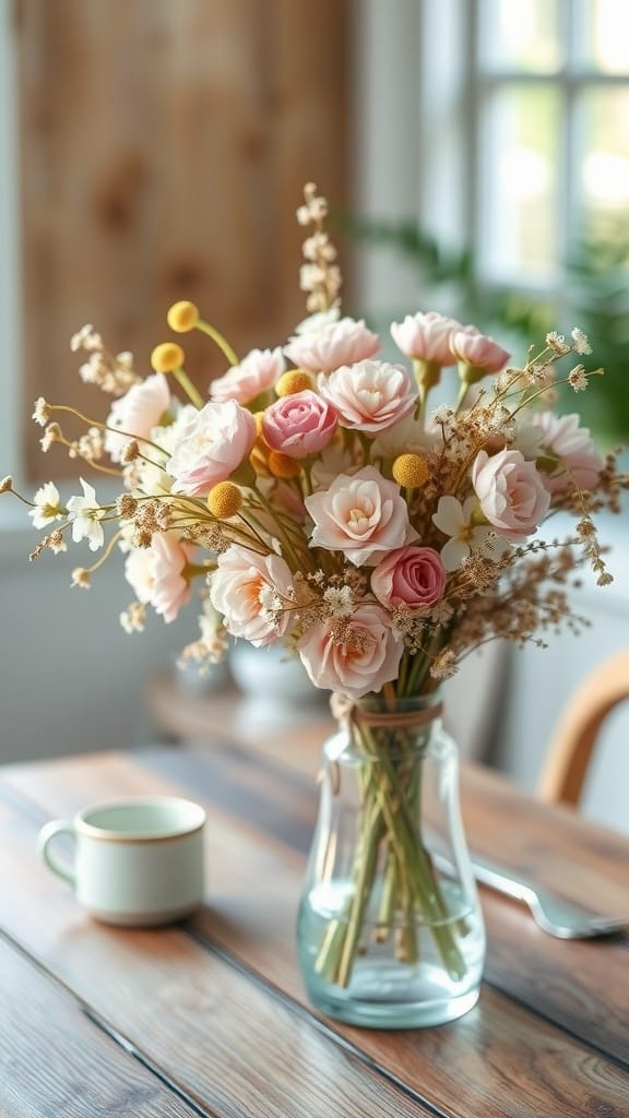 A beautiful arrangement of dried flowers in a glass vase on a wooden table, next to a cup.