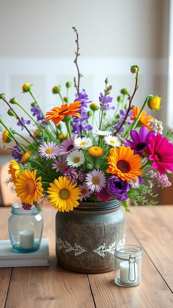 Colorful wildflower centerpiece with twigs in a rustic vase