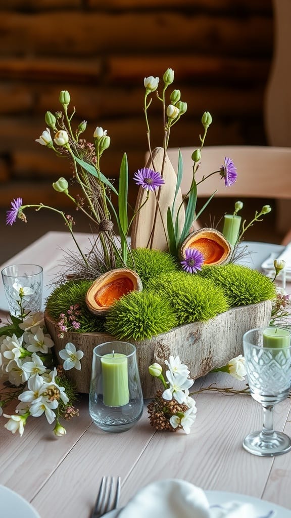 A rustic spring centerpiece featuring wood slices, moss, and flowers.