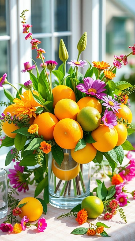 A vibrant citrus-themed centerpiece with oranges, limes, and colorful flowers in a clear vase.