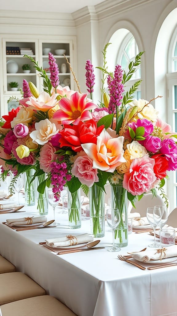 An elegant spring centerpiece featuring oversized colorful flowers in a tall vase on a beautifully set dining table.
