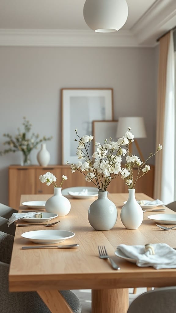 A modern dining table set with neutral vases and delicate flowers for a spring centerpiece.