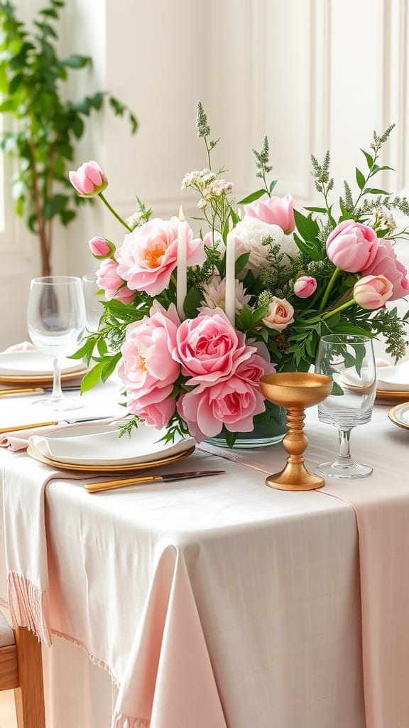 A spring table setting with a floral centerpiece featuring pink roses and tulips, layered textiles, and elegant tableware.