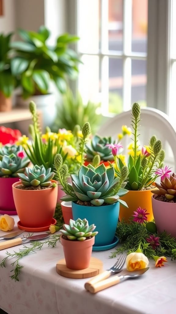 Colorful succulent centerpieces arranged on a table for spring events.