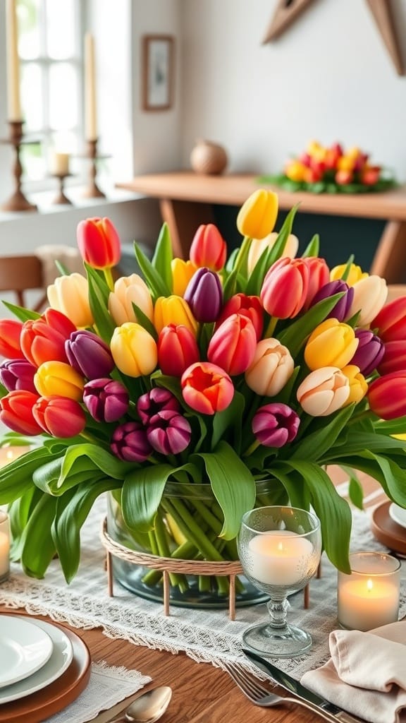 A beautiful arrangement of colorful tulips in a glass vase on a dining table.