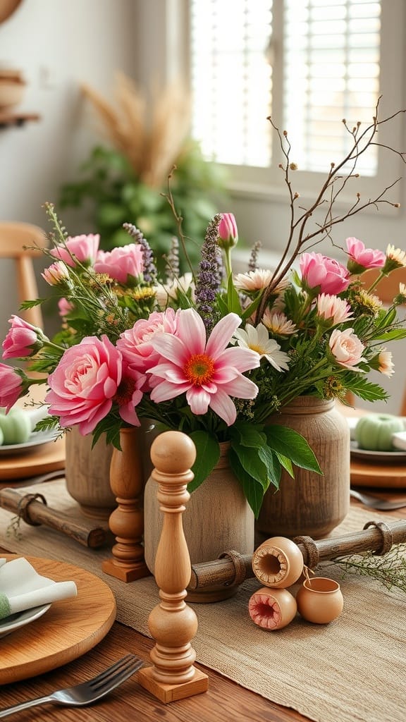 Colorful spring floral centerpiece with wooden accents on a dining table.