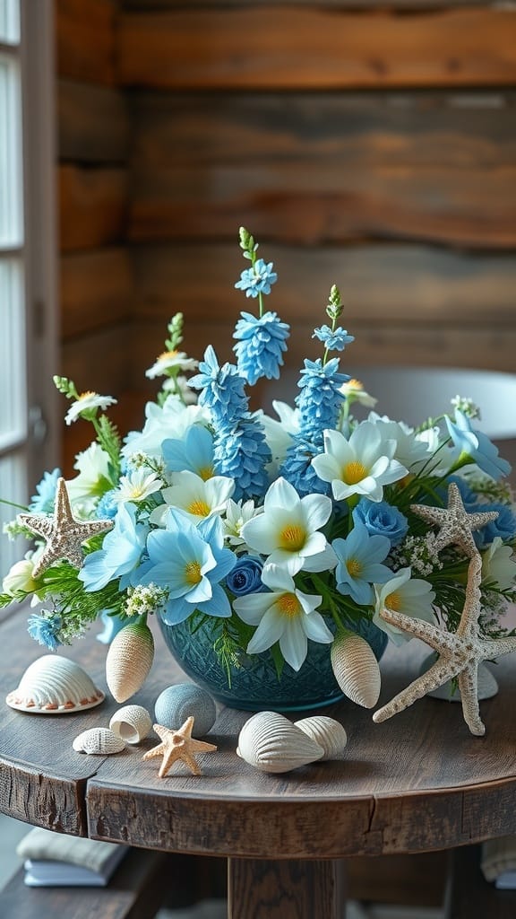 A beautiful centerpiece with soft blue and white flowers, seashells, and starfish on a wooden table.