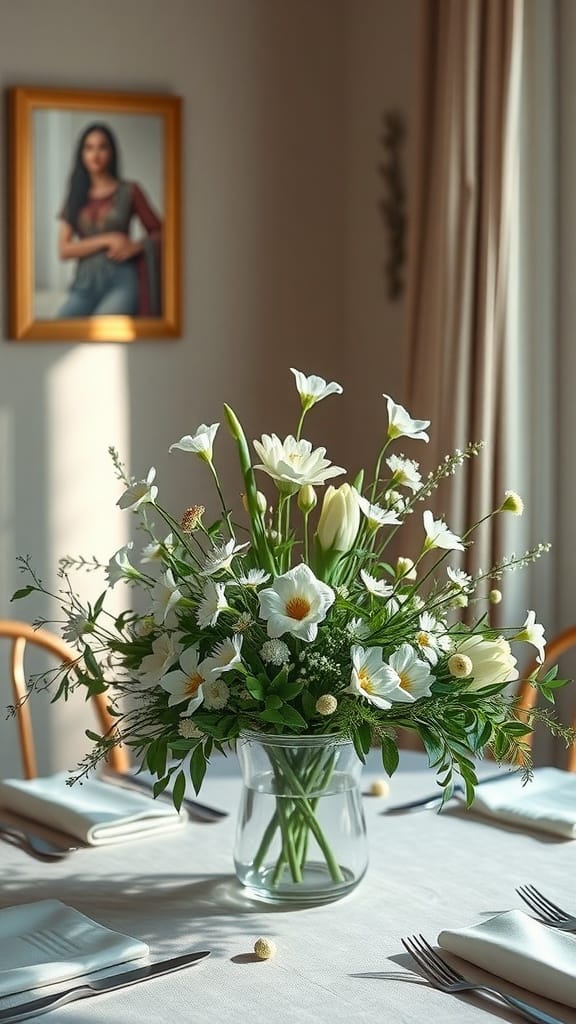 A spring centerpiece featuring white flowers in a clear vase on a table.