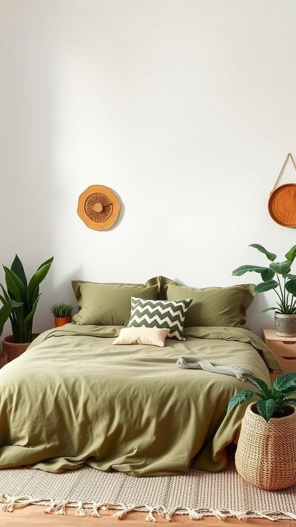 A cozy olive green bedroom with plants and natural textures.