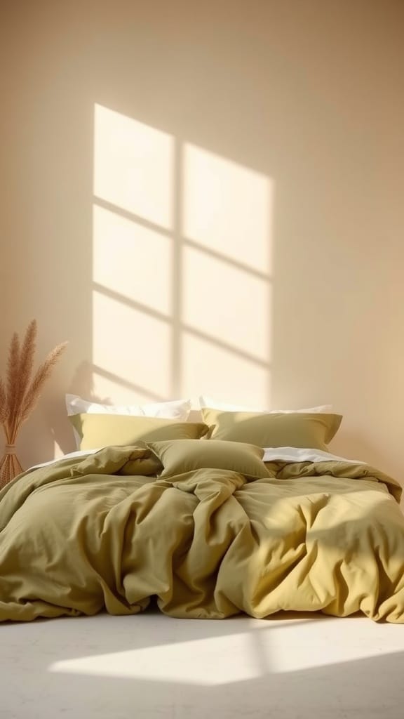 A cozy bedroom with olive green bedding and neutral walls, featuring soft pillows and a warm atmosphere.