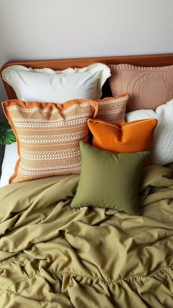 Various accent pillows in warm colors on an olive green bedspread.