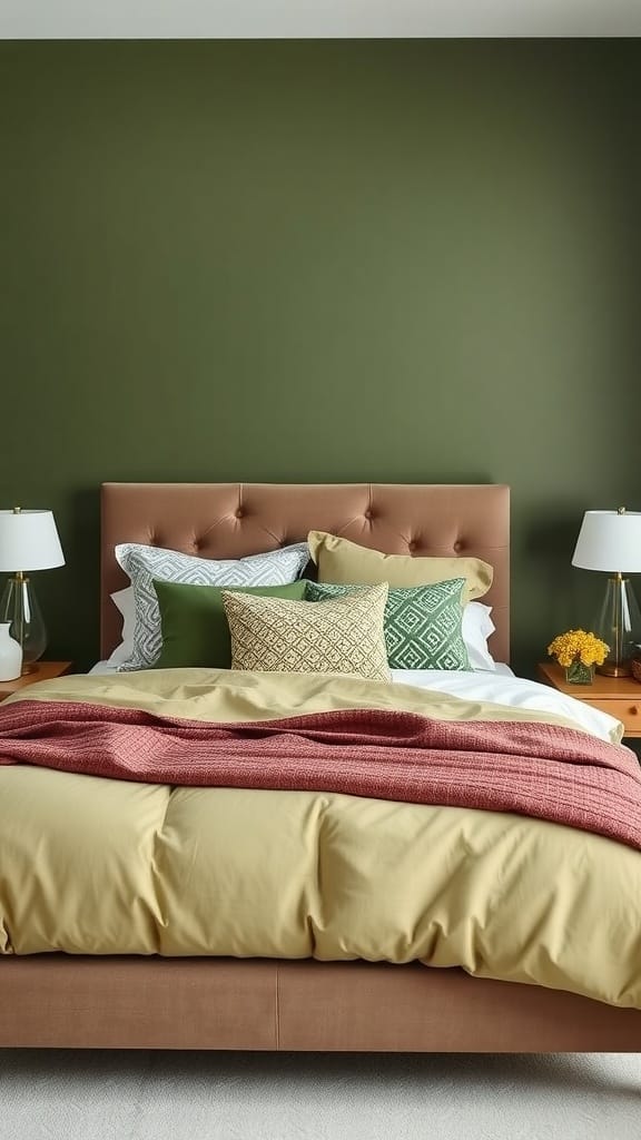 A beautifully styled olive green bedroom with a mix of patterned and solid bedding.