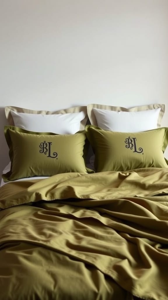 Olive green bedding with monogrammed pillows on a bed.