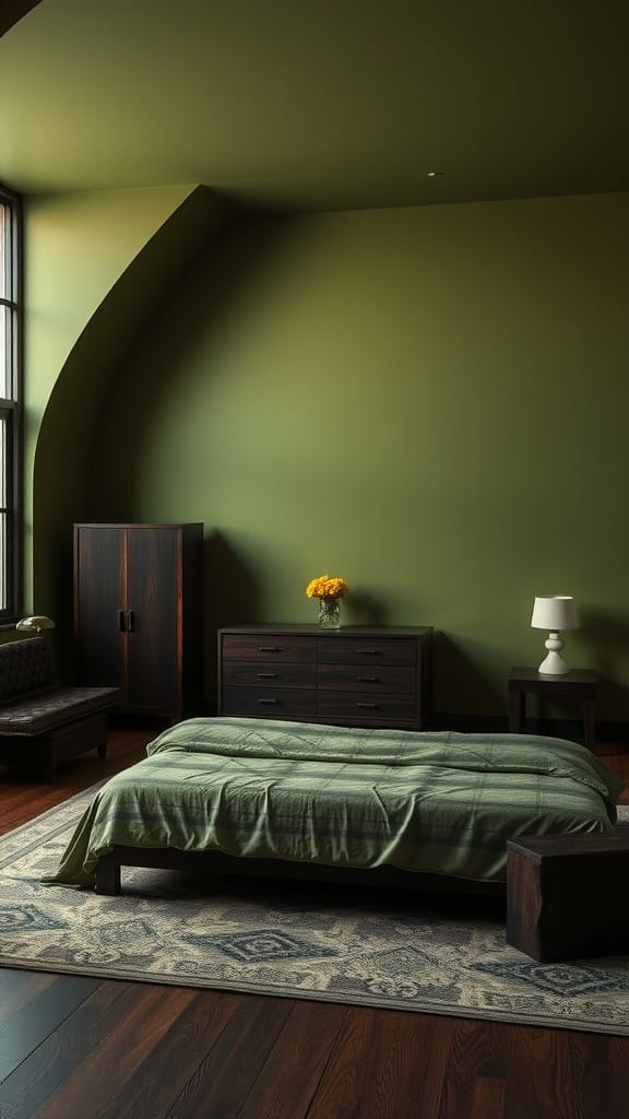 Olive green bedding in a room with dark wood furniture, showcasing a warm and stylish interior.