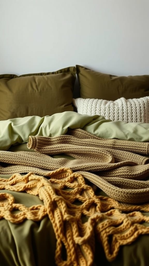 Olive green bedding layered with knitted throws and pillows