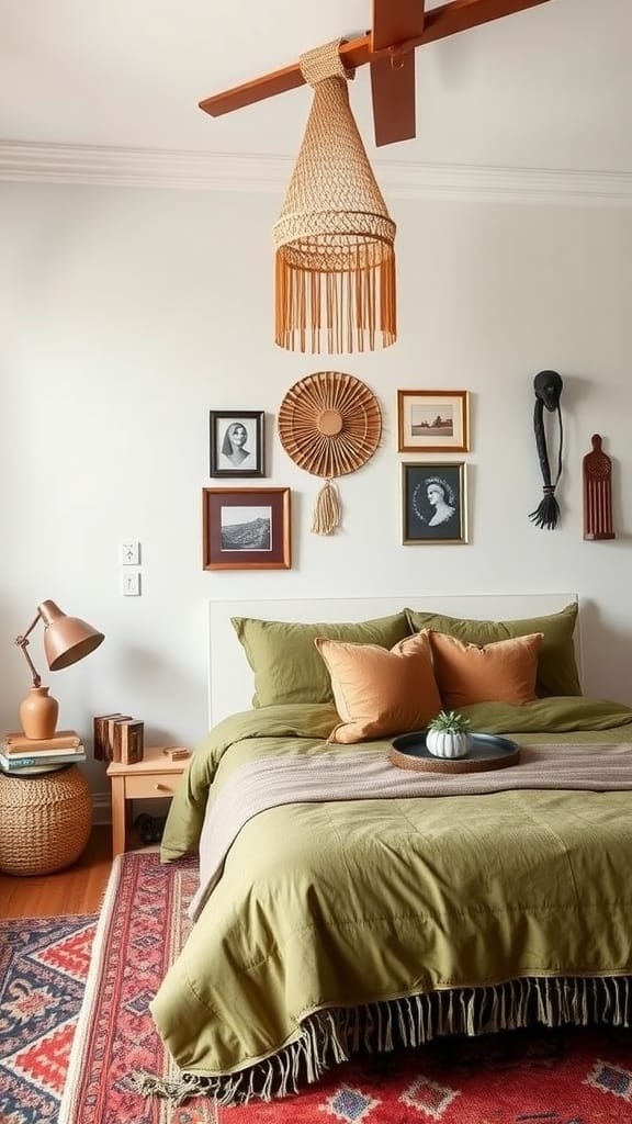 A cozy bedroom with olive green bedding, warm accents, and eclectic decor.