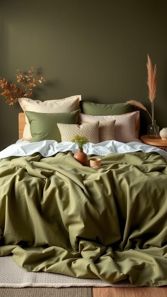 A cozy olive green bedding setup featuring layered pillows and a soft blanket, against a dark green wall.