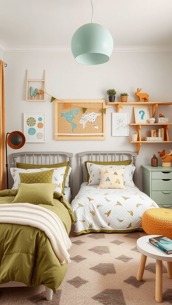 A kid's bedroom with olive green walls, featuring playful bedding and decor.