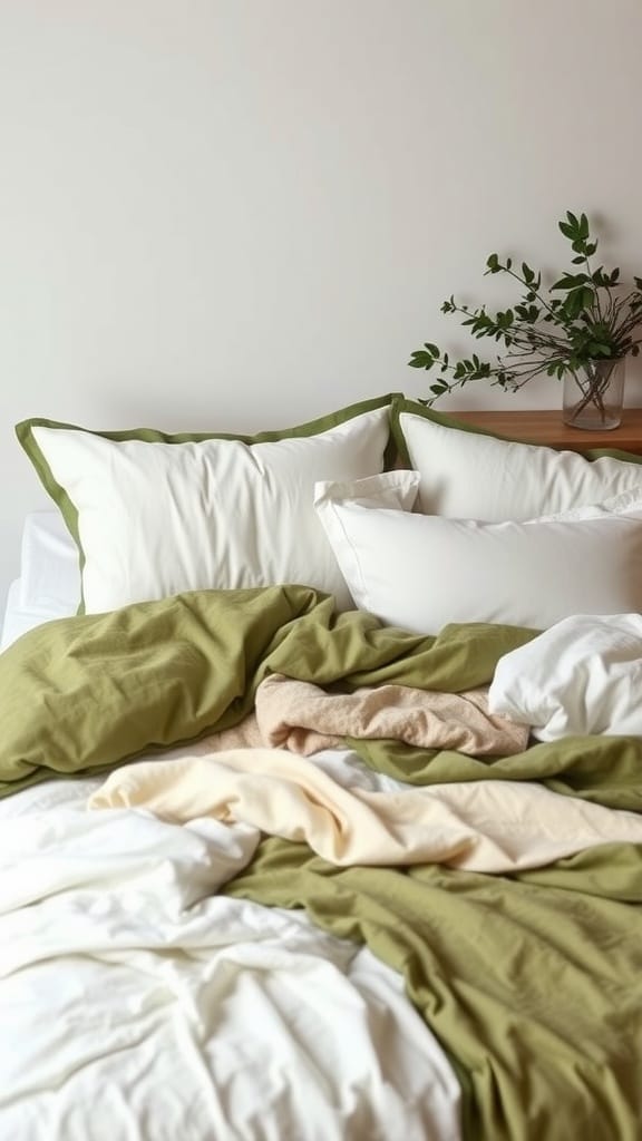 Olive green bedding layered with white and cream pillows and throws.