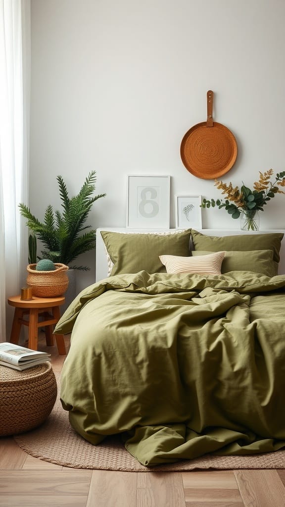 A cozy olive green bedroom featuring sustainable bedding and natural decor.