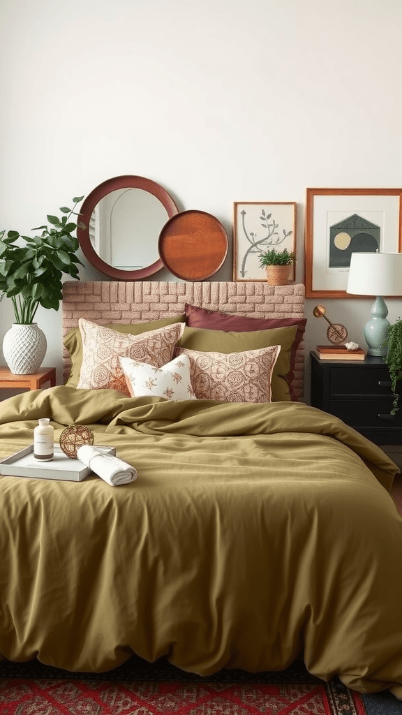 A stylish bedroom featuring olive green bedding with eclectic accents and decorative elements.