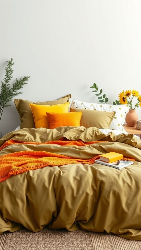 Olive green bedding with bright yellow and orange pillows and accessories.