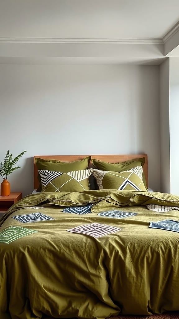 Olive green bedding featuring geometric designs on pillows and comforter.