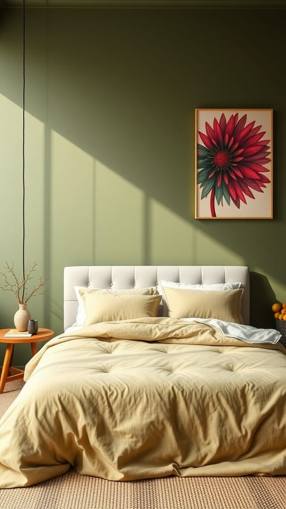 A cozy bedroom with olive green walls, featuring a large floral wall art above a light bedspread.