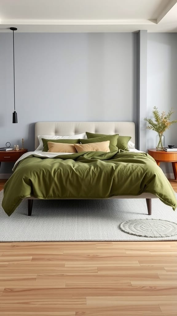 Stylish bedroom with olive green bedding and a light wooden bed frame
