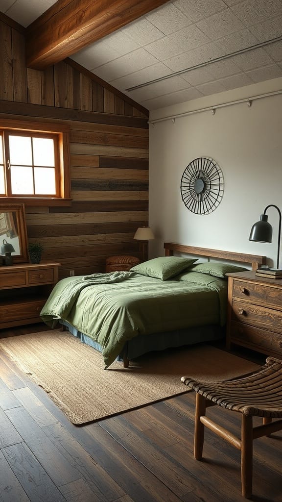 A rustic bedroom featuring olive green bedding, wooden furniture, and warm tones.