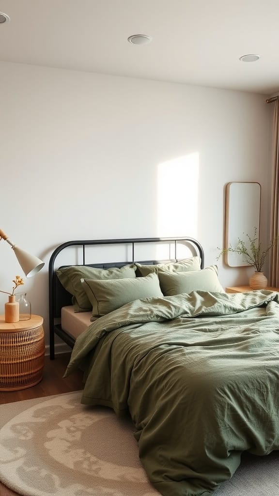 A cozy bedroom with olive green bedding, a black metal bed frame, and wooden accents.
