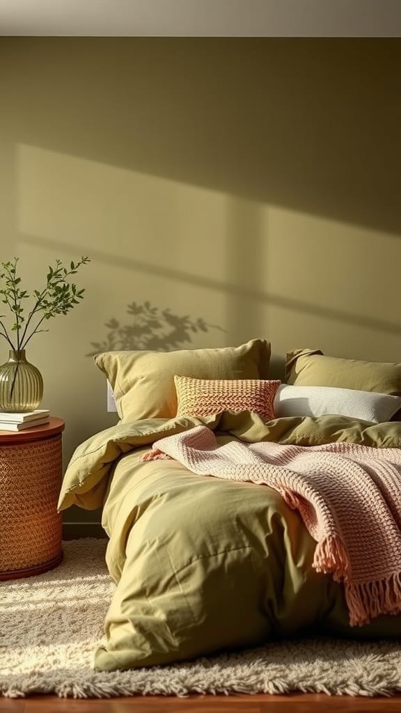 A cozy bedroom featuring olive green bedding with soft textiles and warm lighting.