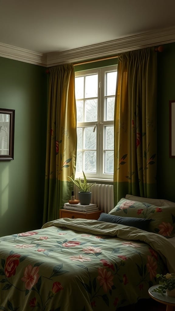 A cozy bedroom featuring olive green bedding and floral prints on curtains.