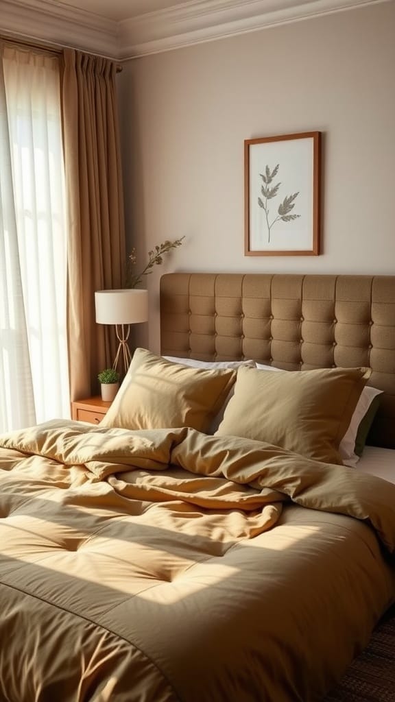 Cozy guest bedroom featuring olive green bedding and natural decor