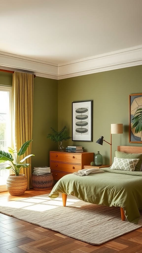 A cozy bedroom featuring olive green bedding, natural wooden furniture, and sunlight streaming through the window.