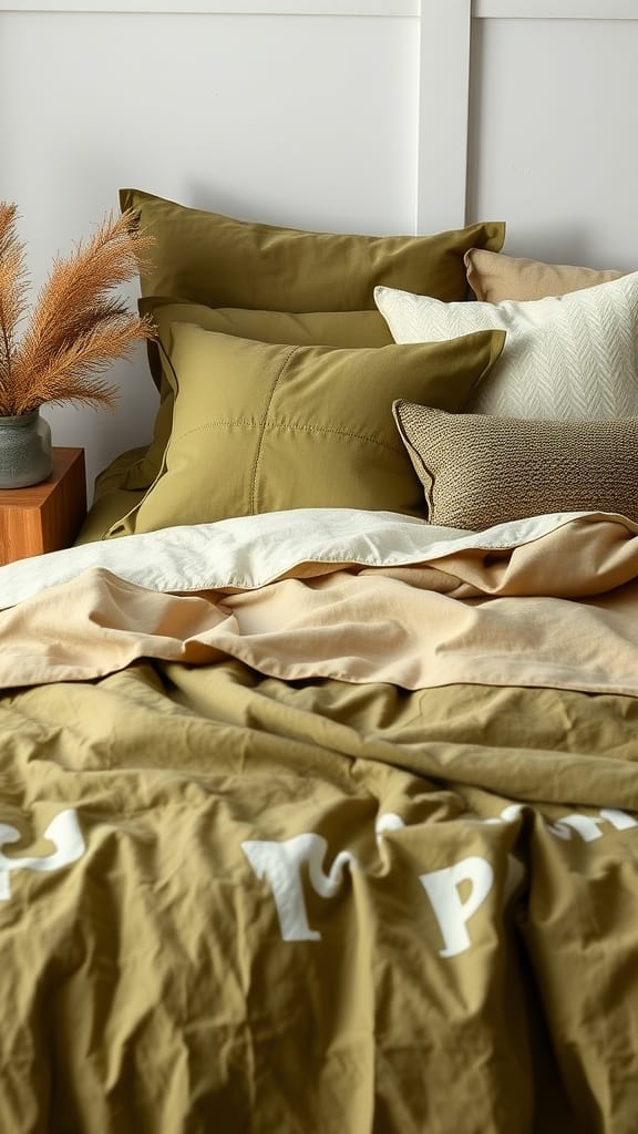An olive green bedding setup featuring various textured pillows and a cozy blanket.