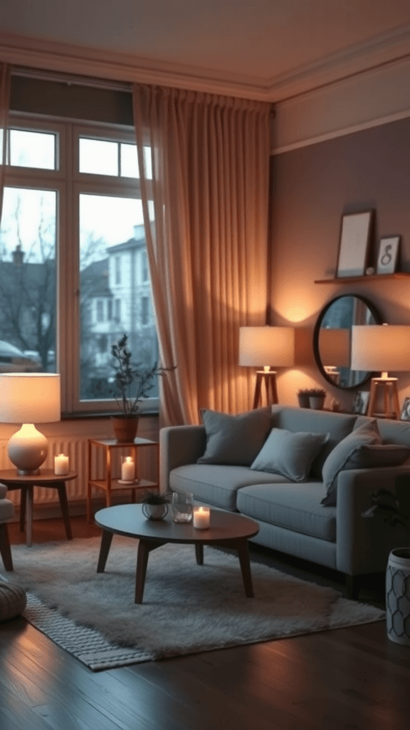 Cozy living room with soft lighting, featuring lamps and candles.