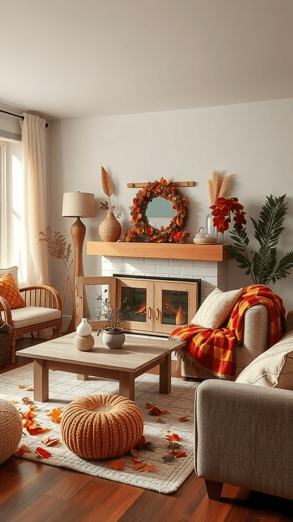Cozy living room with autumn decor, featuring warm colors and comfy furnishings.