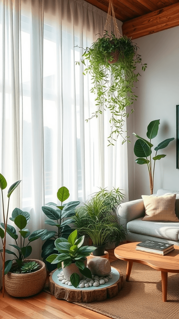 Cozy living room with plants and natural decor