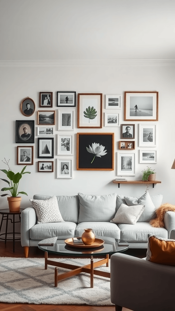 Cozy living room with a personalized gallery wall featuring various framed photos and artwork.