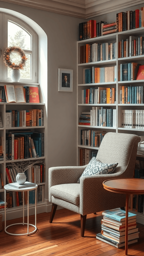 A cozy reading nook featuring a comfortable chair, bookshelves filled with books, and a small side table.