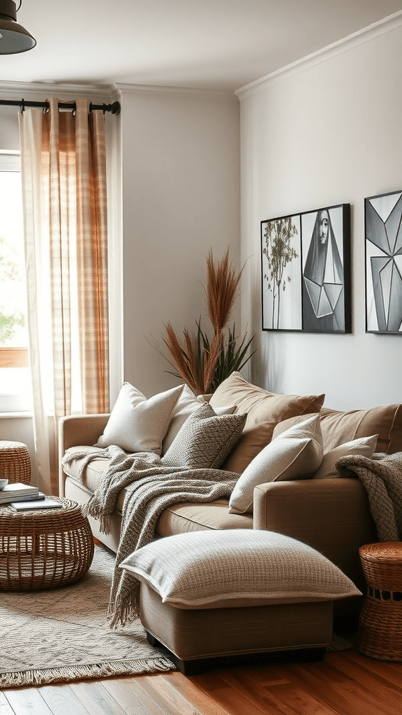 Cozy living room with layered textures including soft pillows, throws, and woven baskets.