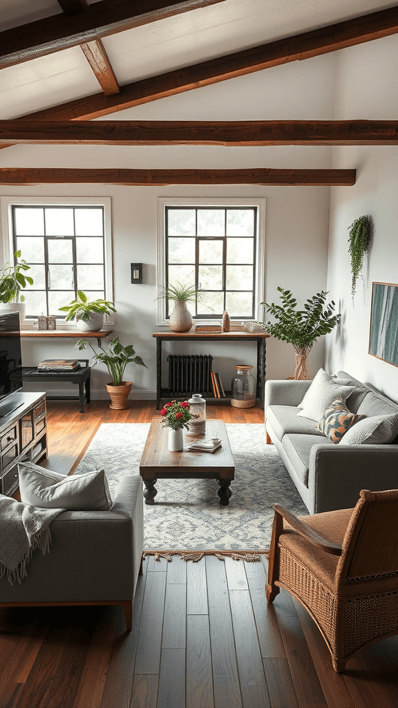 A cozy living room featuring a mix of modern and rustic decor, with wooden beams, plants, and comfortable seating.