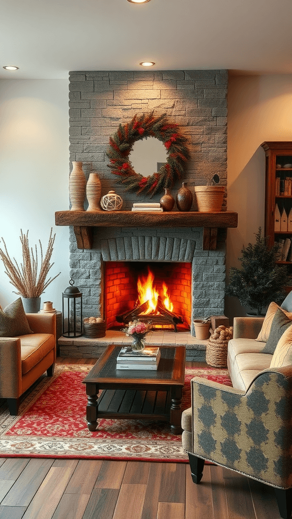 A cozy living room with a warm fireplace, comfortable seating, and decorative elements.
