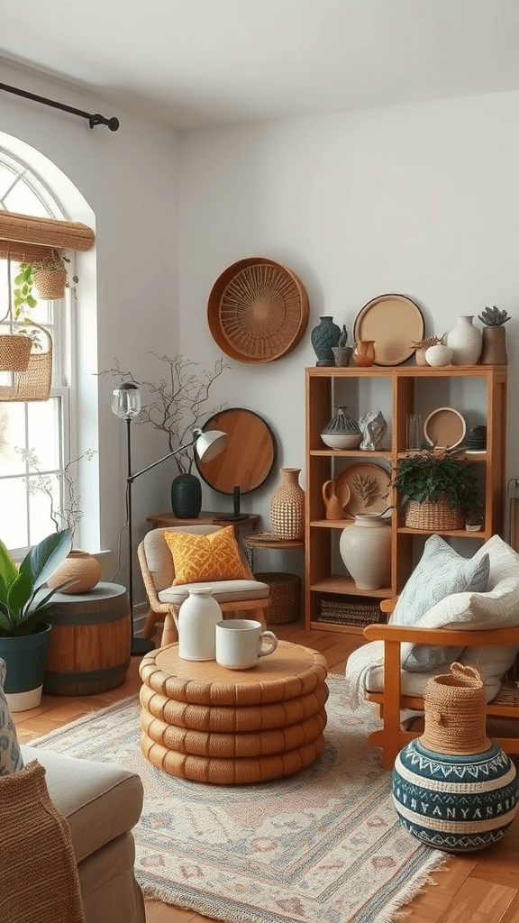 Cozy living room with artisan craft decor including ceramics, woven baskets, and textiles.